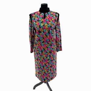 Yung Shin black mock collar colorful print vintage midi dress
